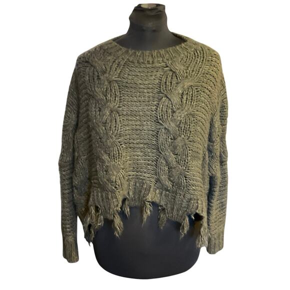 The Impeccable Pig Chunky Knit Sweater Olive Green Distressed Boxy Cropped Sz M - Picture 1 of 7